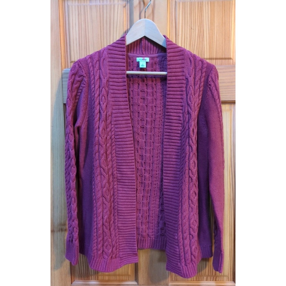 LL Bean Womens Small Maroon Cable Knit Cotton Open Front Cardigan Sweater Fisher